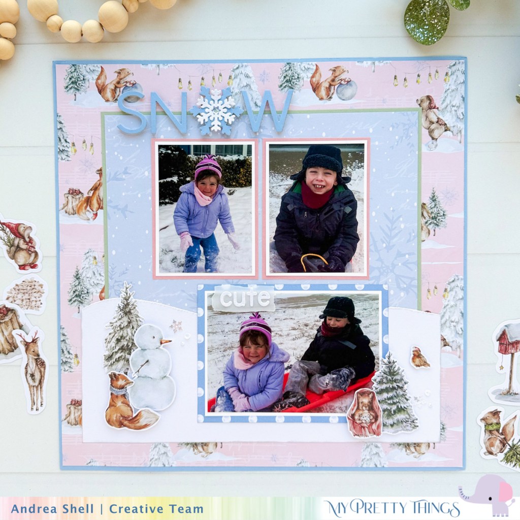Snow Cute Scrapbook Layout by Andrea Shell | Through the Woods collection by My Pretty Things