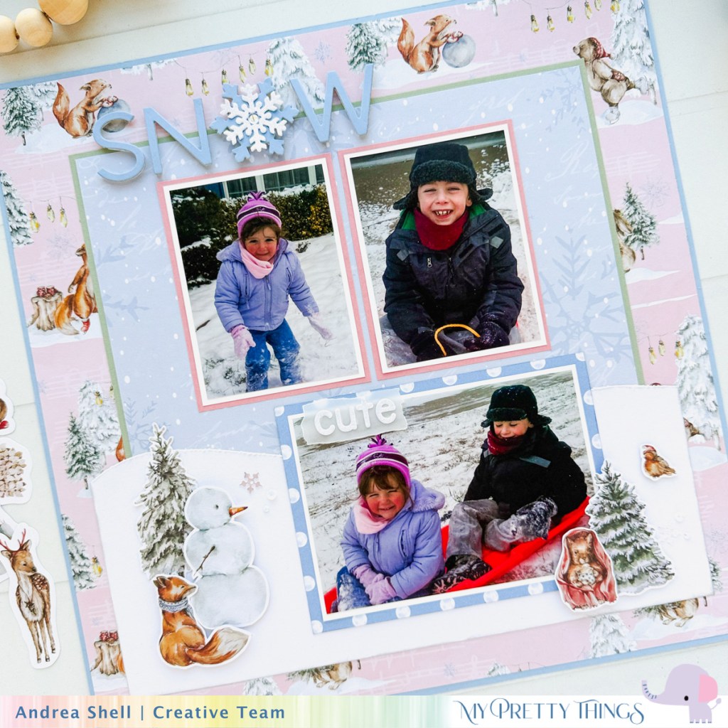 Snow Cute Scrapbook Layout by Andrea Shell | Through the Woods collection by My Pretty Things