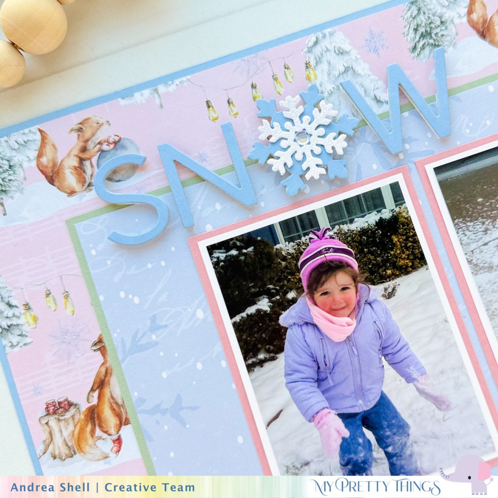 Snow Cute Scrapbook Layout by Andrea Shell | Through the Woods collection by My Pretty Things