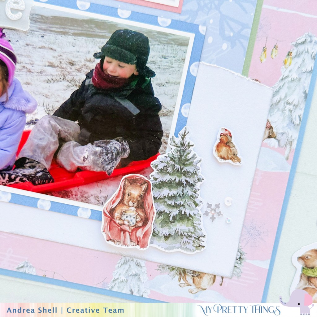 Snow Cute Scrapbook Layout by Andrea Shell | Through the Woods collection by My Pretty Things