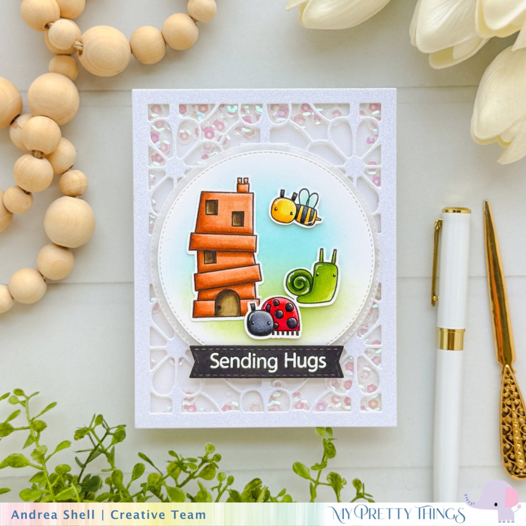 Sending Hugs shaker card by Andrea Shell | Buzzing By stamp set by My Pretty Things