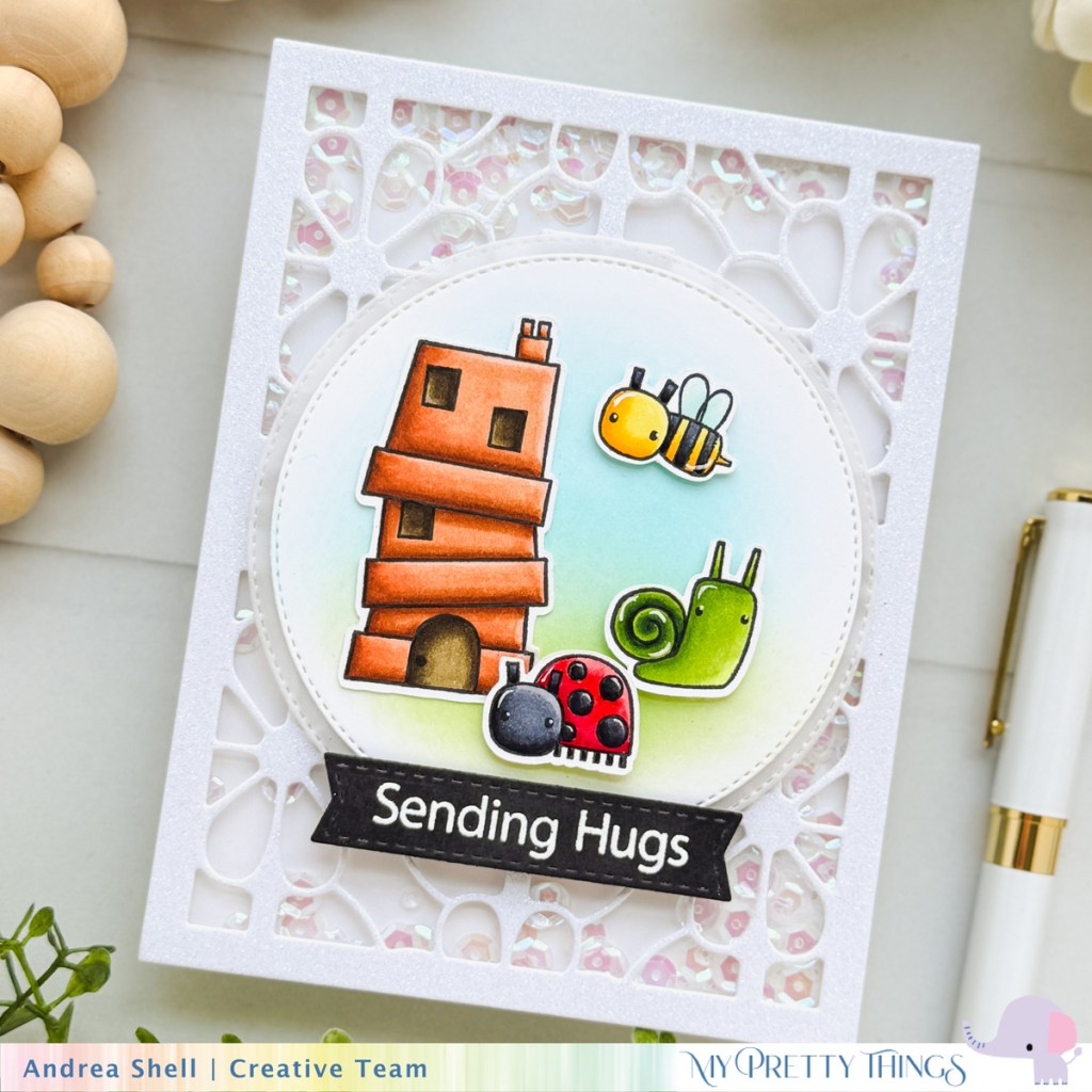 Sending Hugs shaker card by Andrea Shell | Buzzing By stamp set by My Pretty Things
