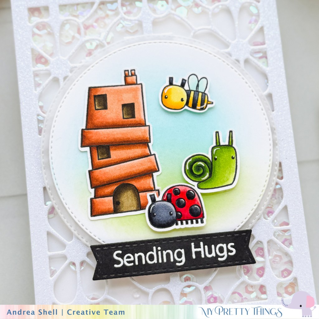 Sending Hugs shaker card by Andrea Shell | Buzzing By stamp set by My Pretty Things