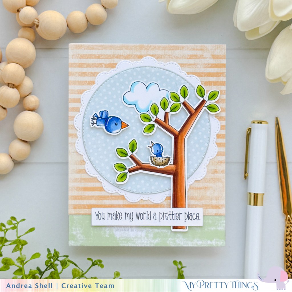 Bluebird Prettier Place card by Andrea Shell | Pretty Awesome Birthday stamp by My Pretty Things