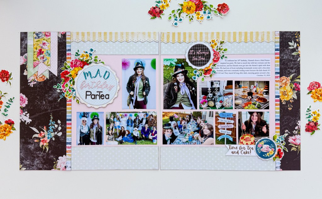 Mad Hatter Party Scrapbook Layout by Andrea Shell | Adventures in Wonderland paper by My Pretty Things