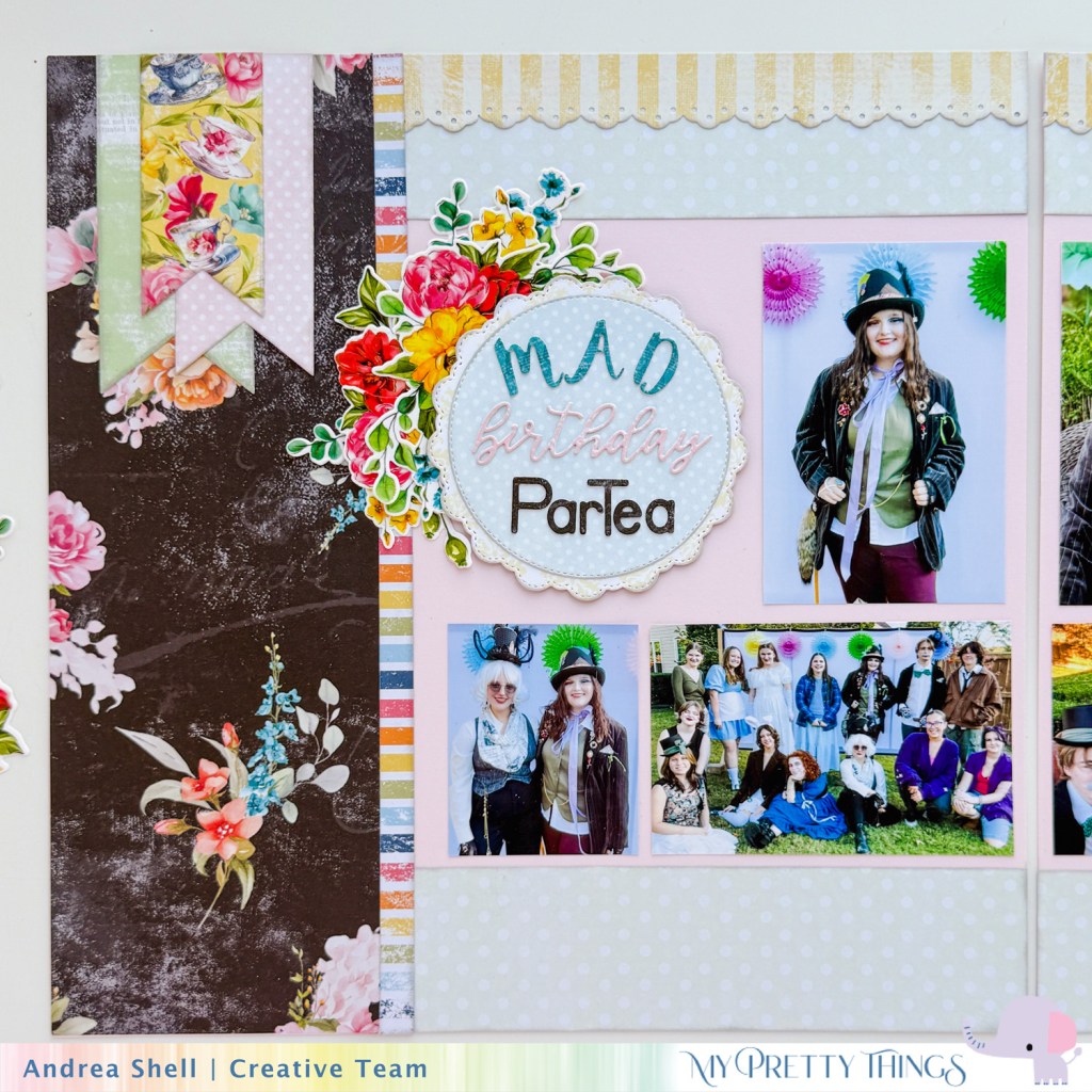 Mad Hatter Party Scrapbook Layout by Andrea Shell | Adventures in Wonderland paper by My Pretty Things