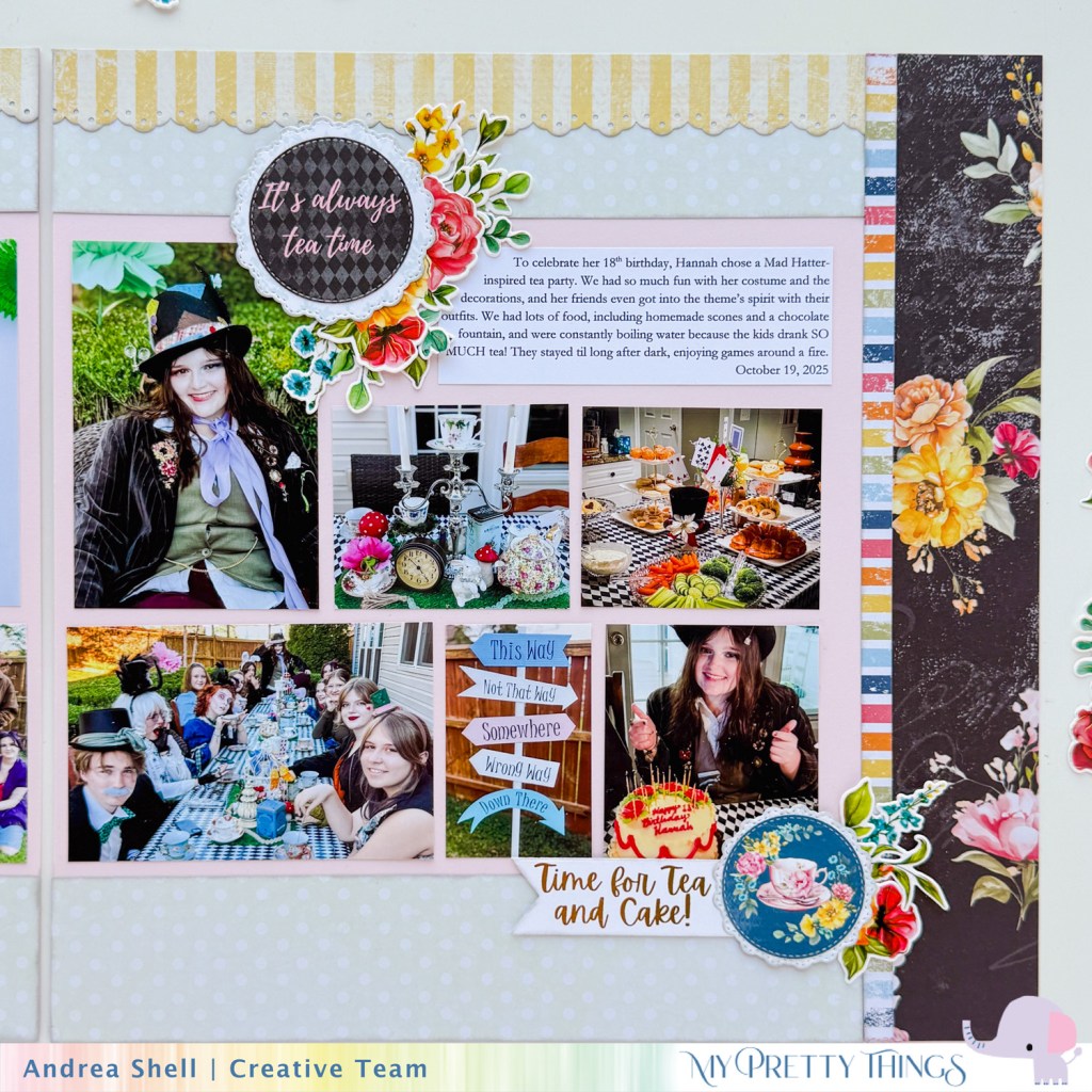 Mad Hatter Party Scrapbook Layout by Andrea Shell | Adventures in Wonderland paper by My Pretty Things
