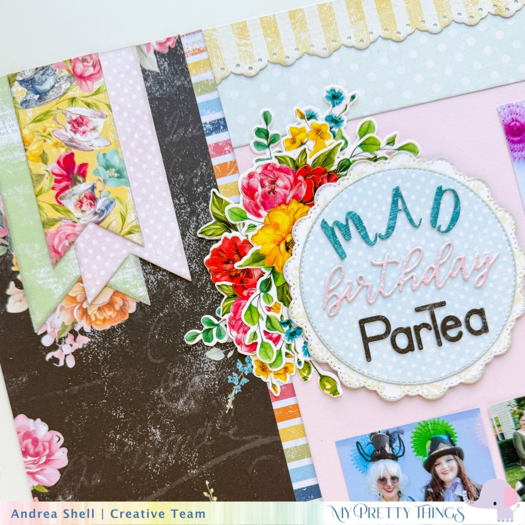 Mad Hatter Party Scrapbook Layout by Andrea Shell | Adventures in Wonderland paper by My Pretty Things