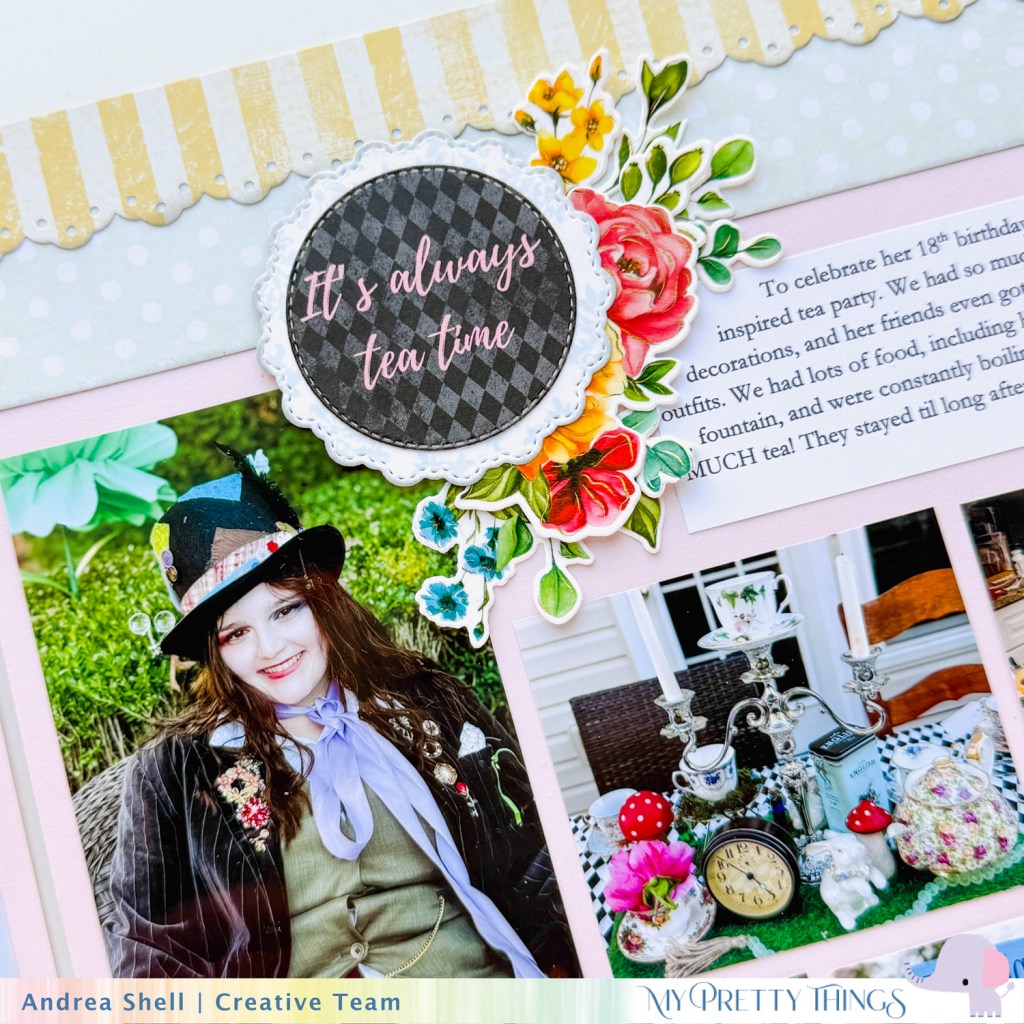 Mad Hatter Party Scrapbook Layout by Andrea Shell | Adventures in Wonderland paper by My Pretty Things