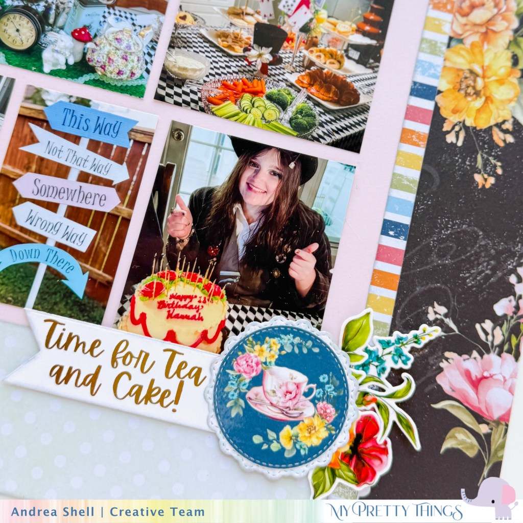 Mad Hatter Party Scrapbook Layout by Andrea Shell | Adventures in Wonderland paper by My Pretty Things