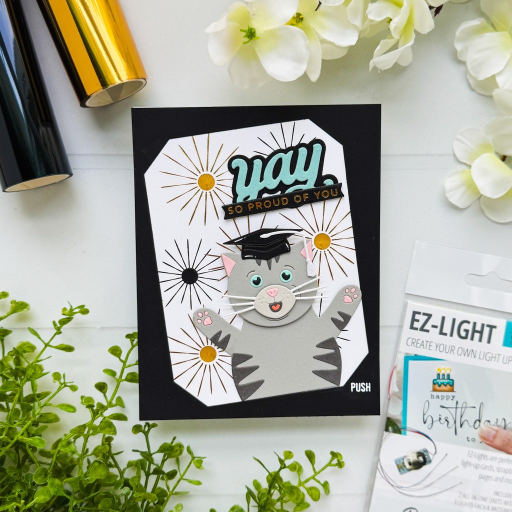 Light-up Cat Graduation card by Andrea Shell | Congrats Cat Dies by Spellbinders