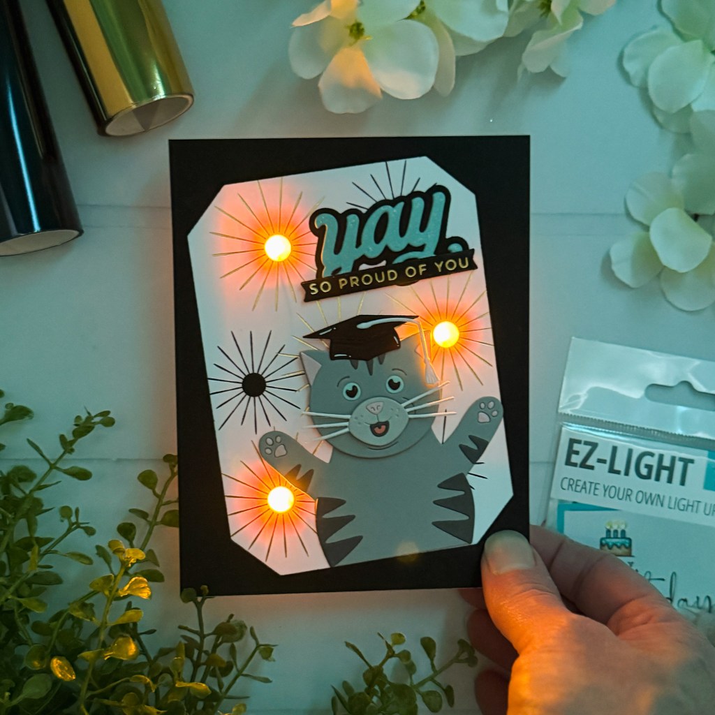 Light-up Cat Graduation card by Andrea Shell | Congrats Cat Dies by Spellbinders