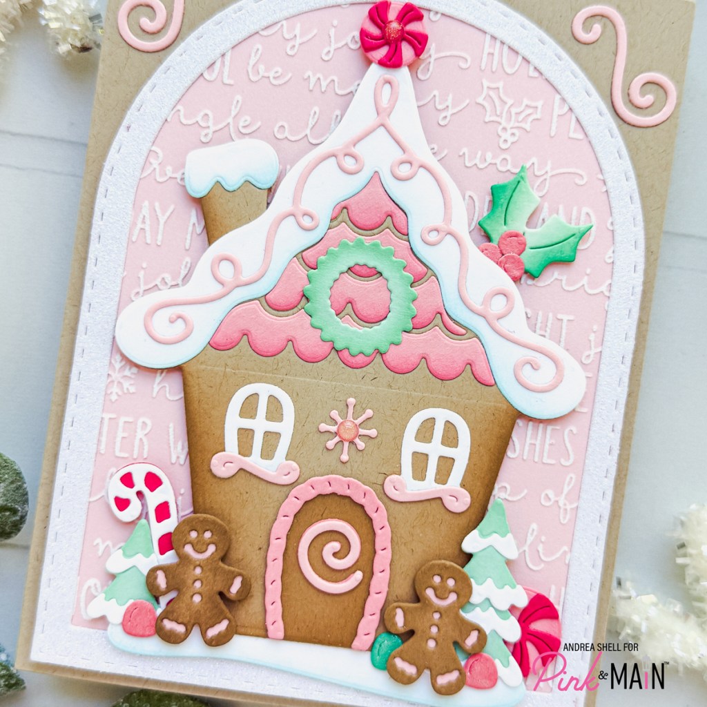 Pastel Gingerbread House card by Andrea Shell | Gingerbread House Dies by Pink & Main