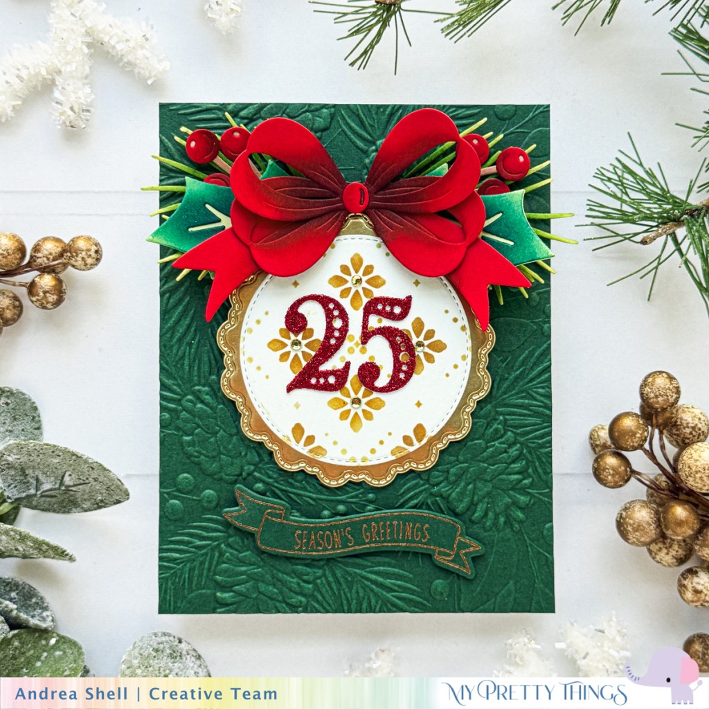 Season's Greetings embossed card by Andrea Shell | Pretty Numbers Dies by My Pretty Things