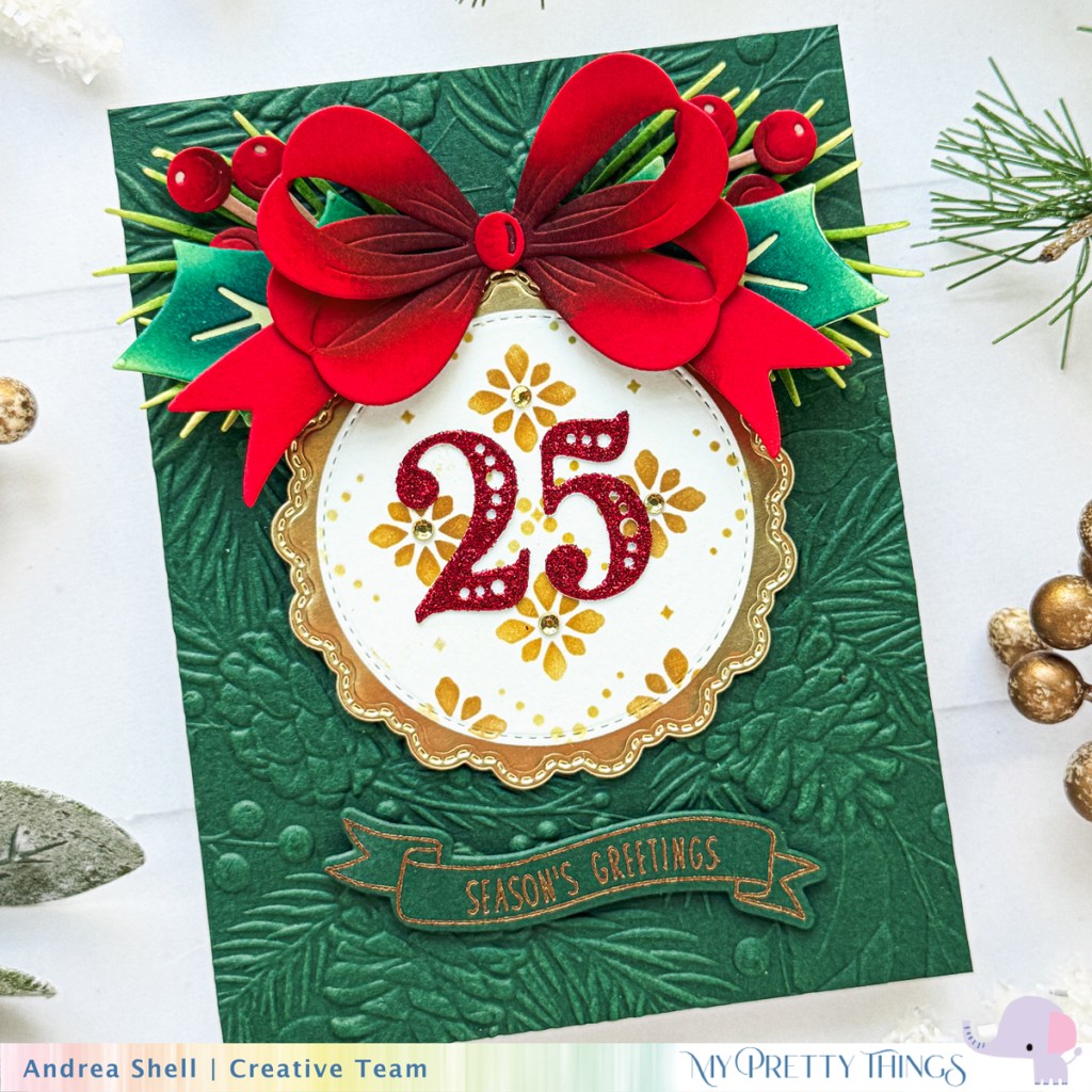 Season's Greetings embossed card by Andrea Shell | Pretty Numbers Dies by My Pretty Things