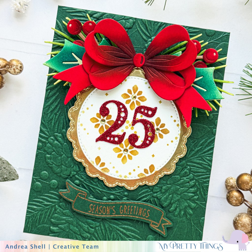 Season's Greetings embossed card by Andrea Shell | Pretty Numbers Dies by My Pretty Things