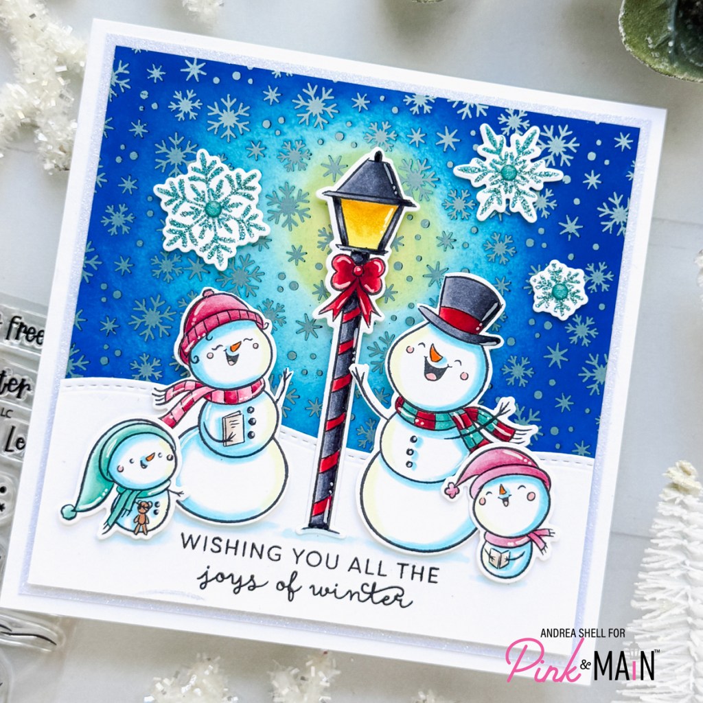 Singing Snowmen Joys of Winter card by Andrea Shell | Singing Snowmen stamp by Pink & Main
