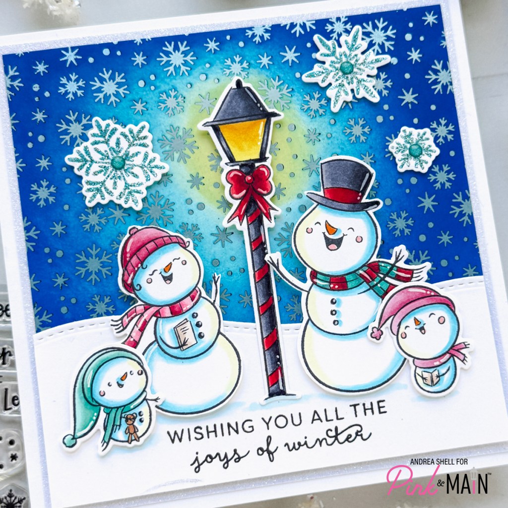 Singing Snowmen Joys of Winter card by Andrea Shell | Singing Snowmen stamp by Pink & Main